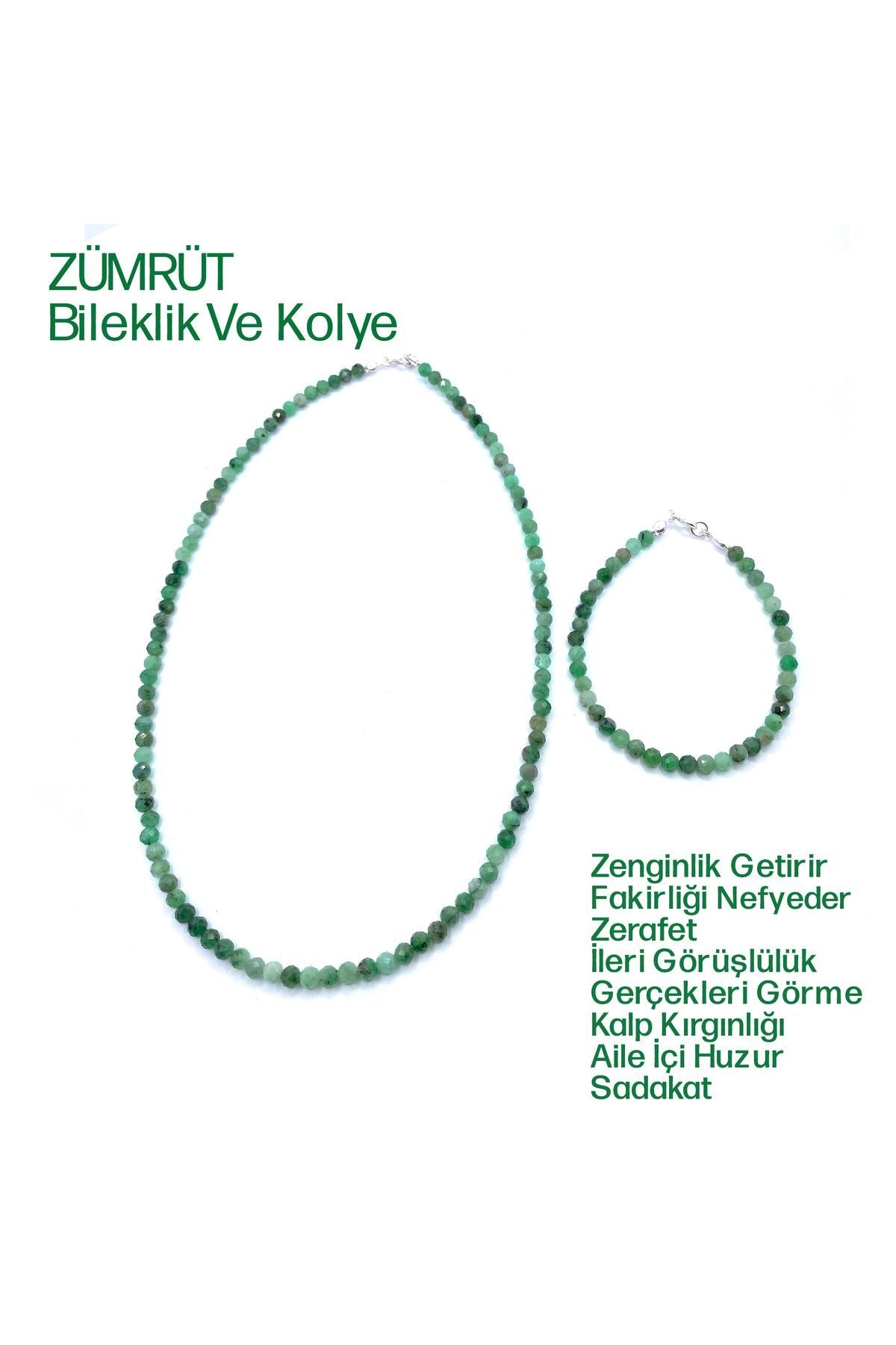 Zümrüt Doğal Taş 4mm Kolye Ve Bileklik Seti Kolye (43cm Kolye) Gümüş Kapama