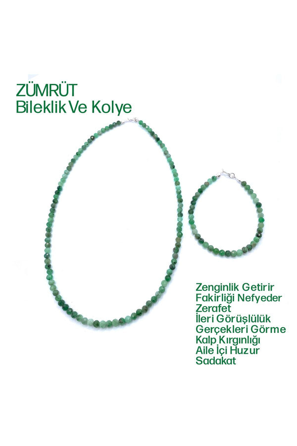 Zümrüt Doğal Taş 4mm Kolye Ve Bileklik Seti Kolye (43cm Kolye) Gümüş Kapama