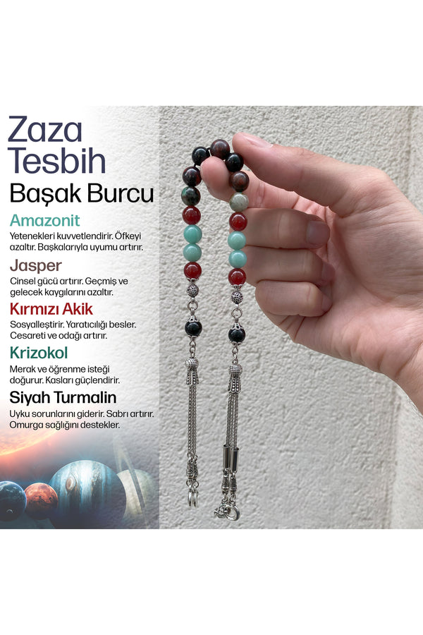 Başak Burcu Zaza Tesbih Doğal Taş Amazonit, Jasper, Kırmızı Akik, Krizokol, Siyah Turmalin