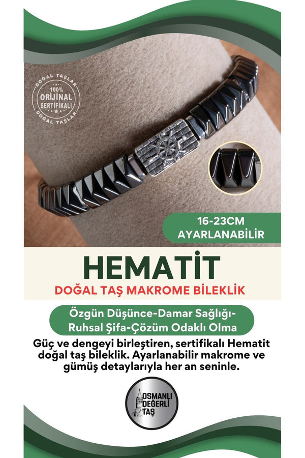 SERTİFİKALI Hematit Doğal Taş Makrome Ayarlanabilir Gümüş Bileklik No:12