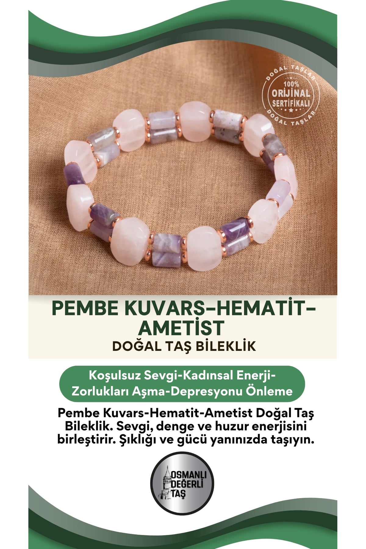 Sertifikalı pembe kuvars - hematit - ametist Doğal Taş Bileklik