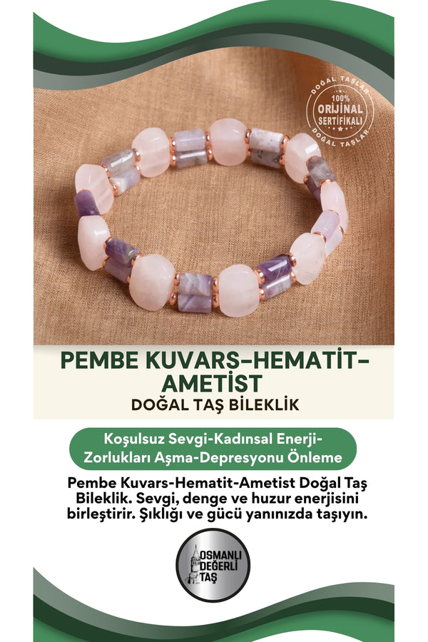 Sertifikalı pembe kuvars - hematit - ametist Doğal Taş Bileklik