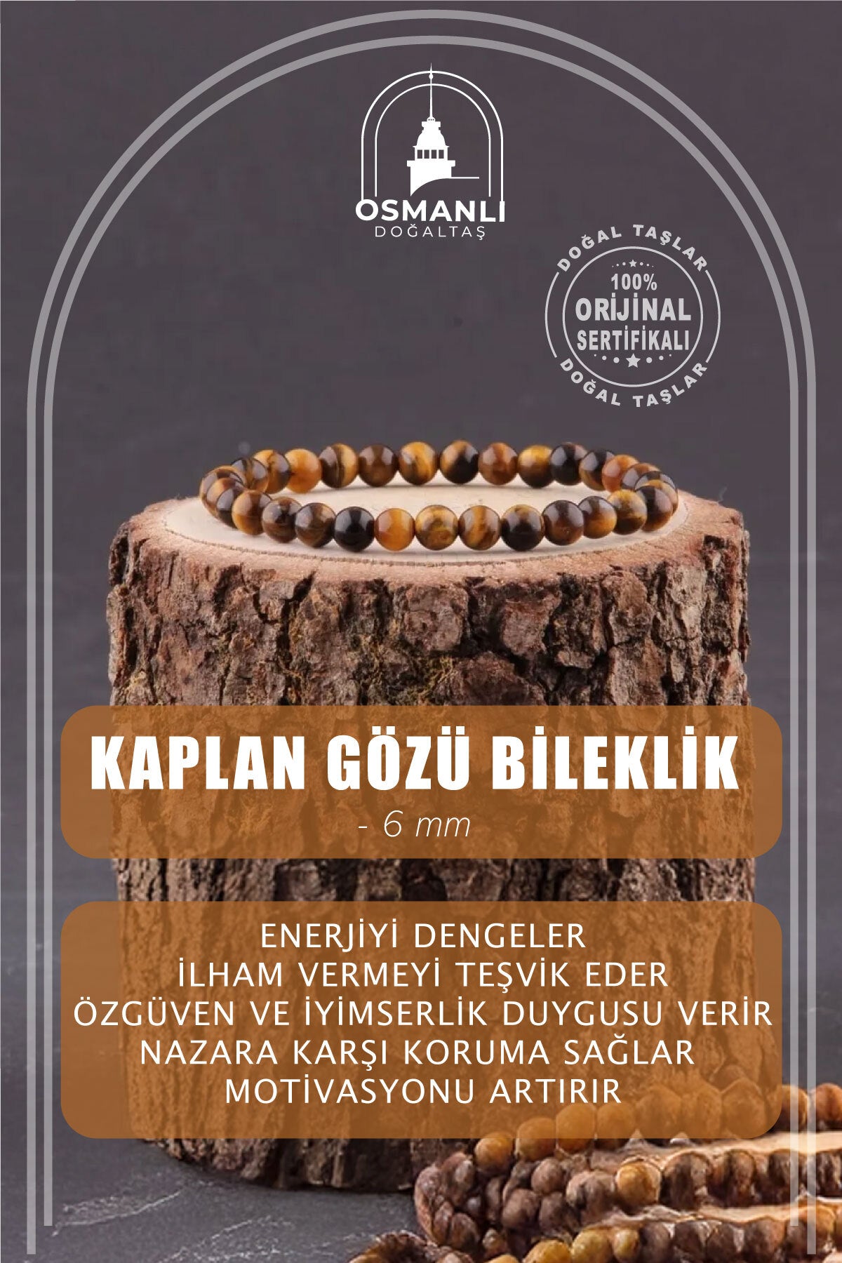 Sertifikalı Doğal Taş Bileklik - Kaplan Gözü