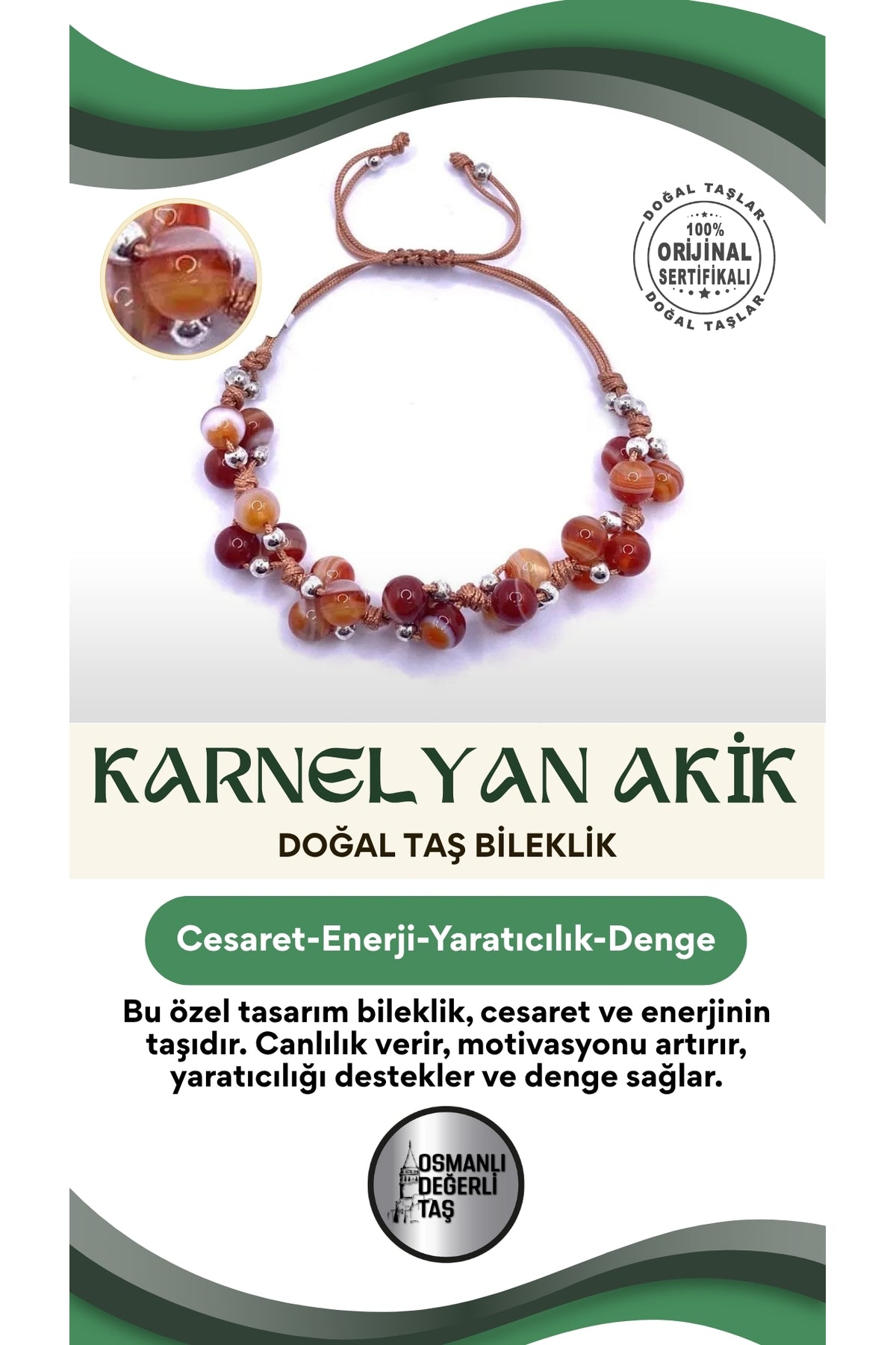 Karnelyan Akik Doğal Taş Merdiven Kapama Bileklik Özel Tasarım