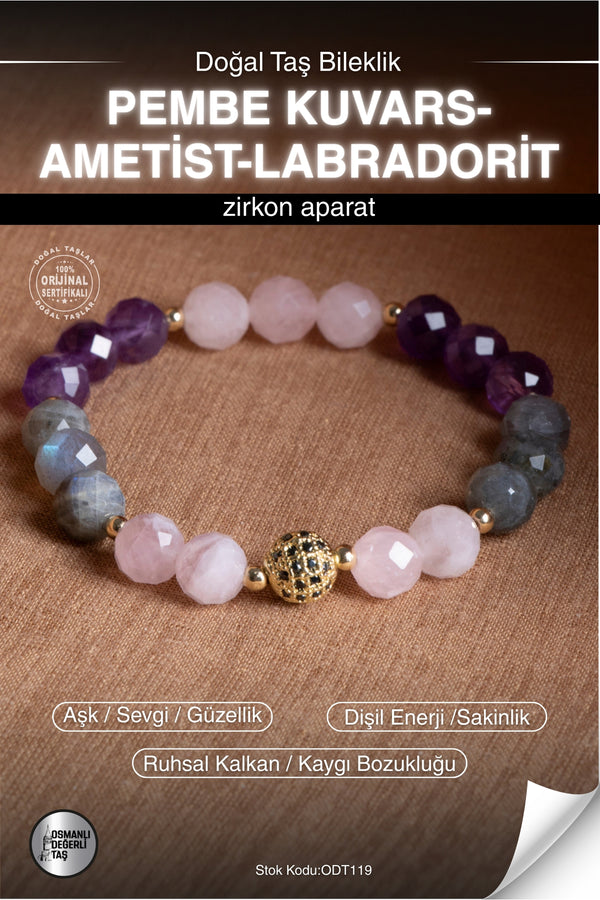 Sertifikalı PEMBE KUVARS-AMETİST-LABRADORİT Doğal Taş Zirkon Aparat Bileklik ODT119