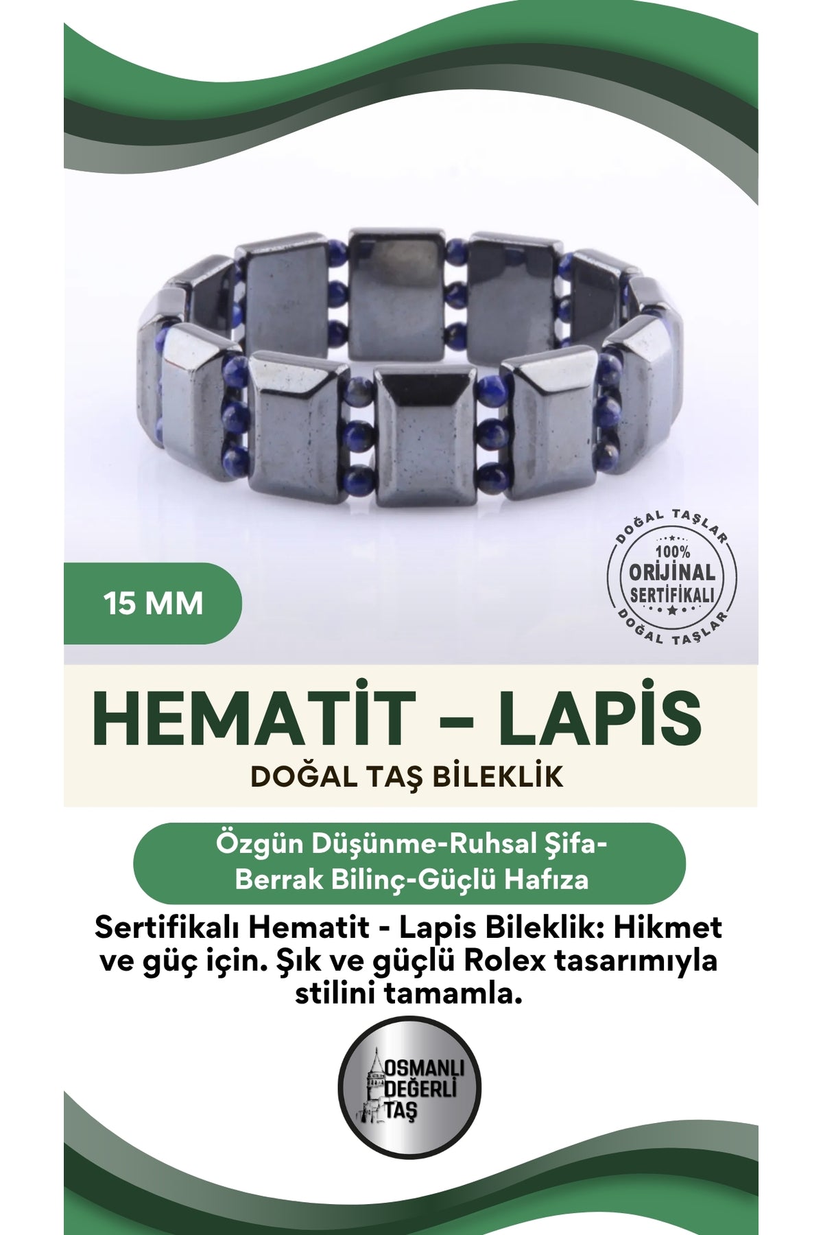 Sertifikalı Hematit - Lapis Doğal Taş Roleks Bileklik 15 Mm B750
