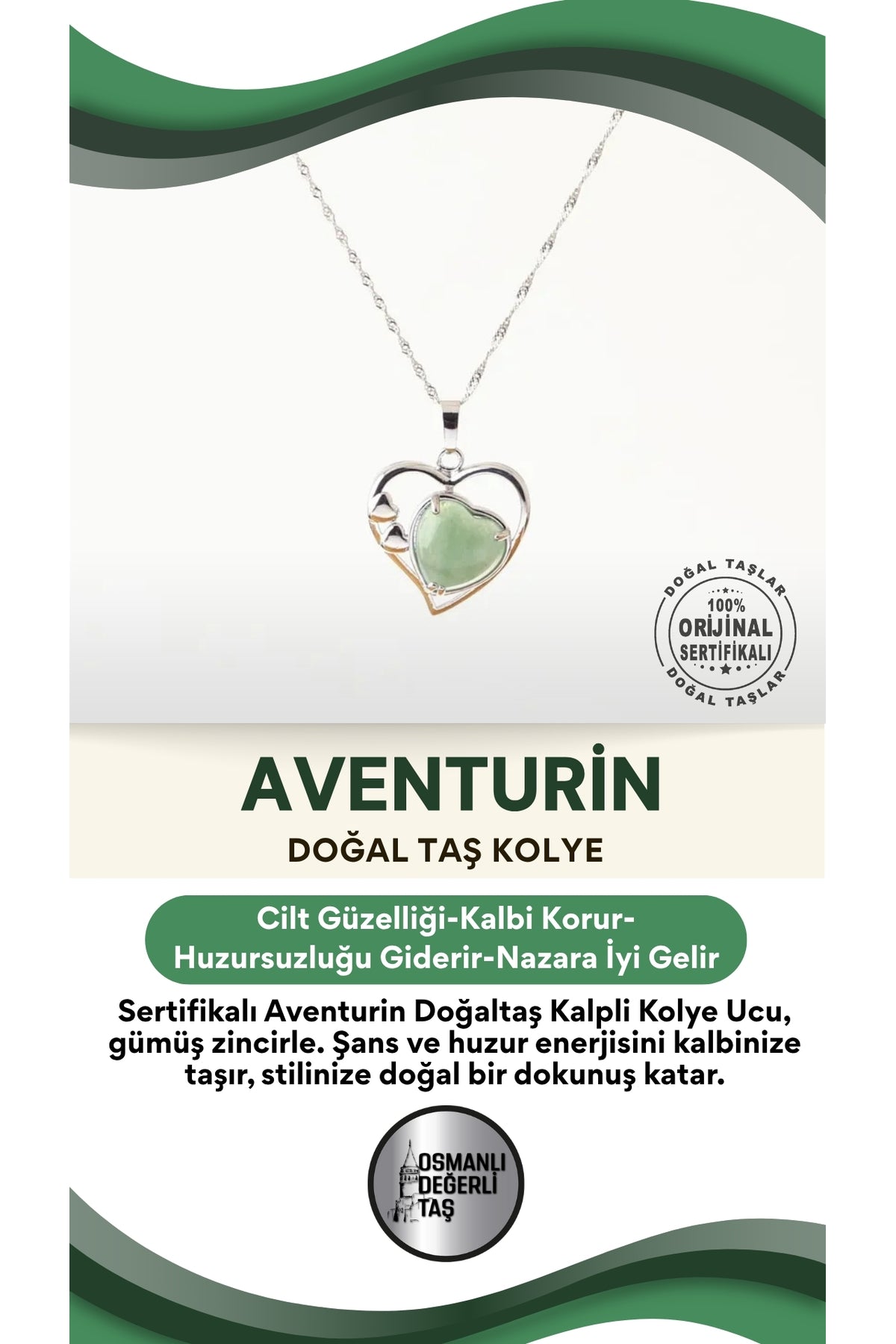 Sertifikalı Aventurin Doğaltaş Kalpli Kolye Ucu, Gümüş Zincirle Birlikte Ku011