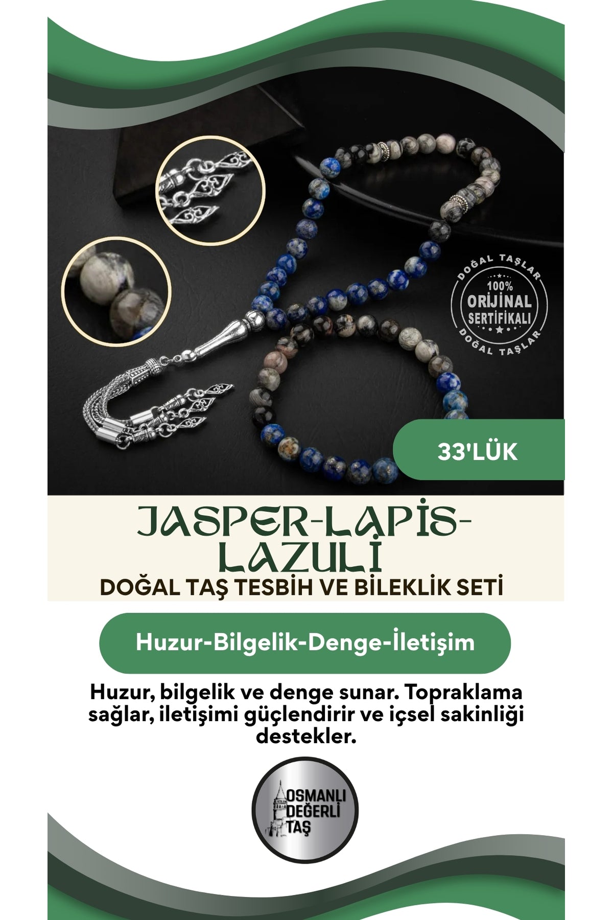 Sertifikalı Jasper, Lapis Lazuli Doğal Taşlı 33'lük Tesbih Ve Bileklik Takım