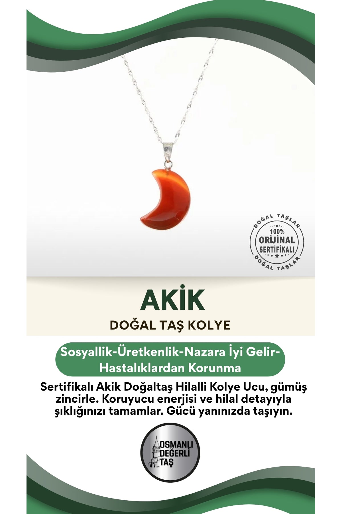 Sertifikalı Akik Doğaltaş Hilalli Kolye Ucu, Gümüş Zincirle Birlikte Ku025