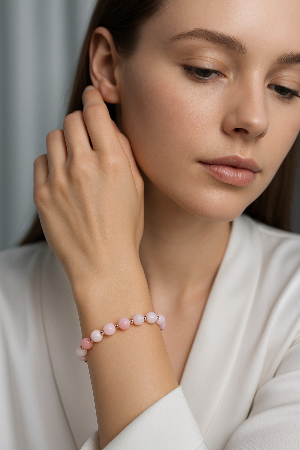 SERTİFİKALI Pembe Opal-Hematit Doğal Taş Bileklik 6-8 mm
