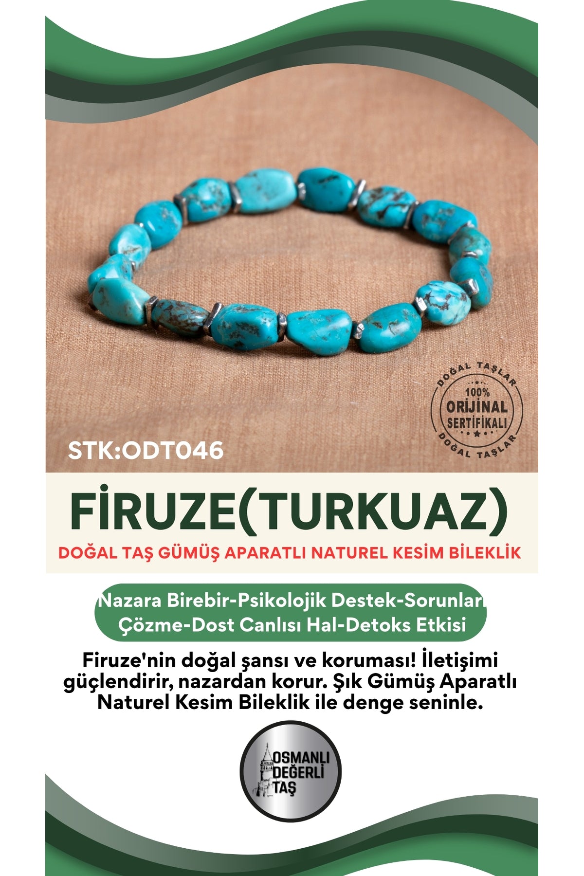 Sertifikalı Firuze(Turkuaz) Doğal Taş Naturel Kesim Gümüş Aparatlı Bileklik ODT046