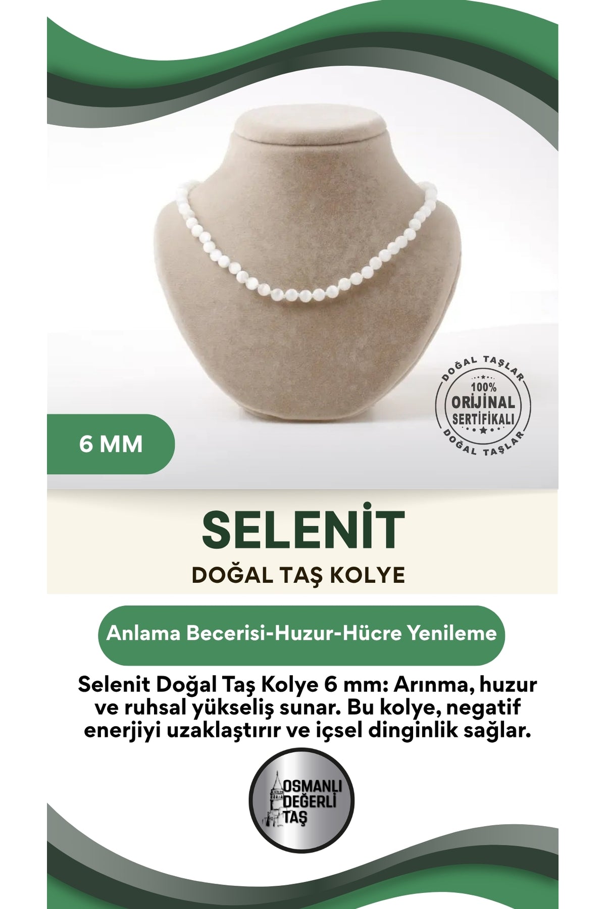 Sertifikalı Selenit Doğaltaş Kolye 6 Mm, M591