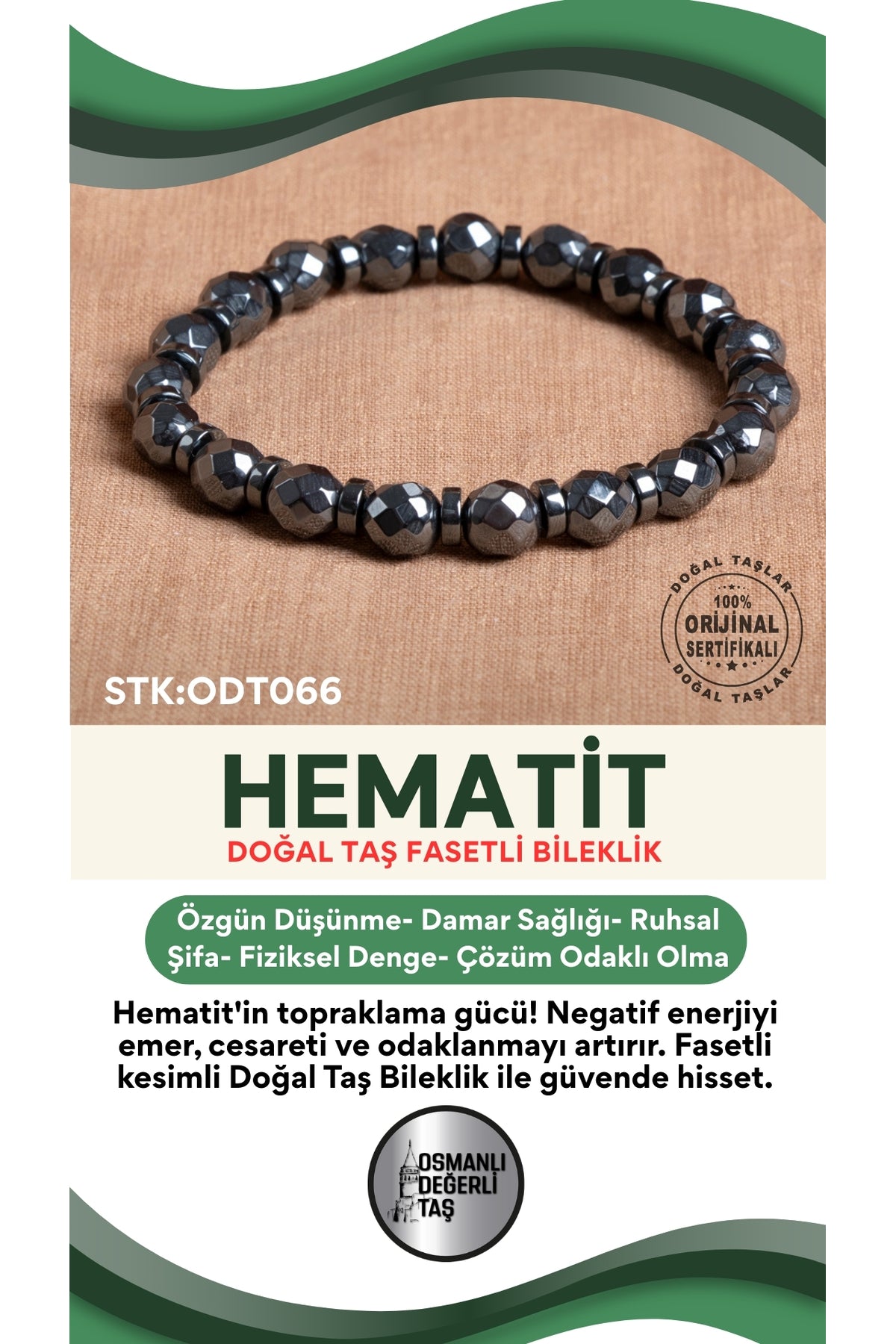 Sertifikalı Hematit Doğal Taş Fasetli Bileklik ODT066