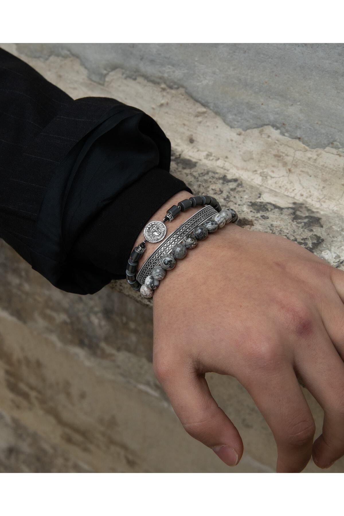 Sertifikalı 925 Ayar Gümüş Hematit Jasper Doğal Taşlı Erkek Bileklik & Yüzük Seti Ayarlanabilir Ölçü