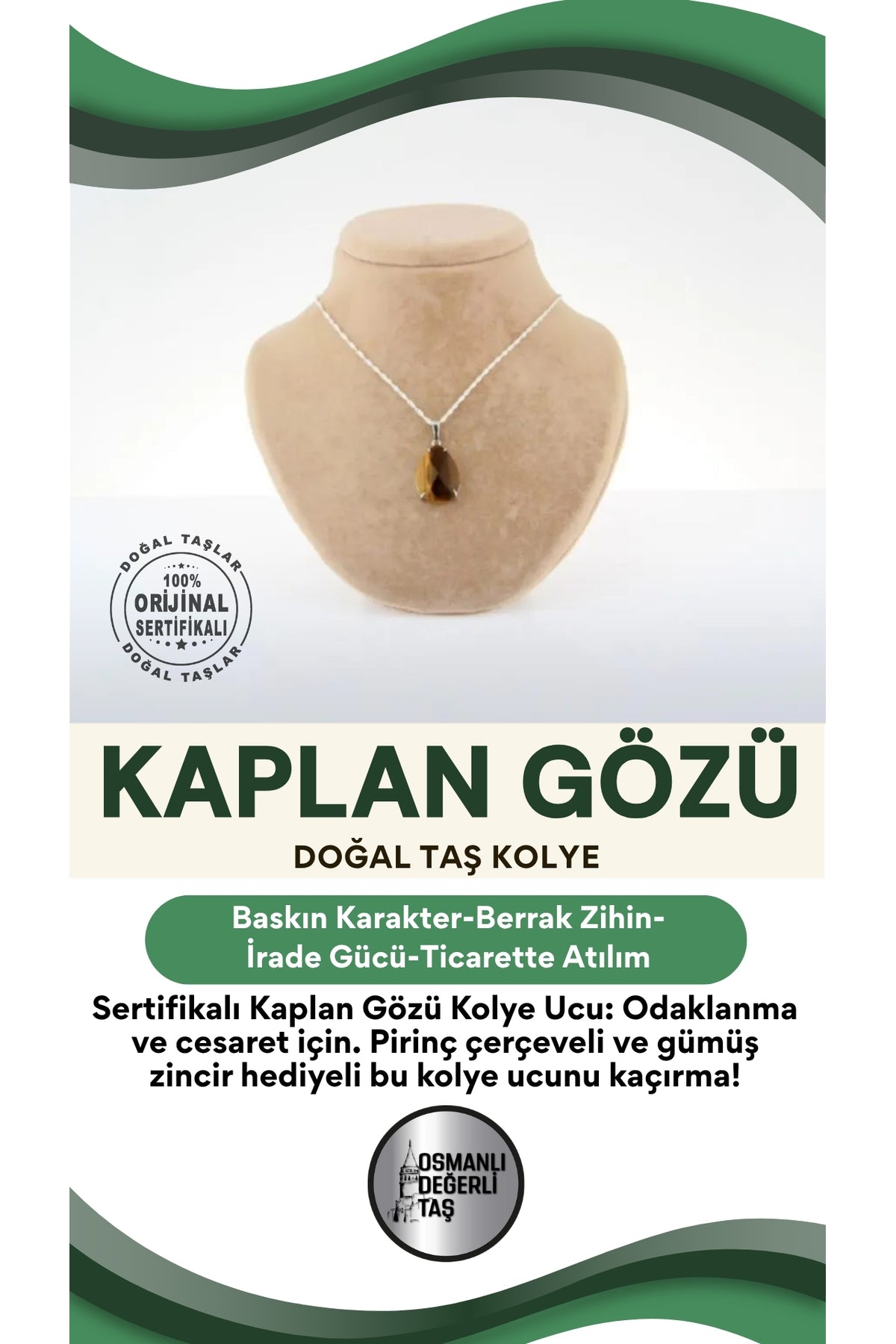 Sertifikalı Kaplan Gözü Kolye Ucu (GÜMÜŞ ZİNCİR HEDİYE) Pirinç Çerçeve