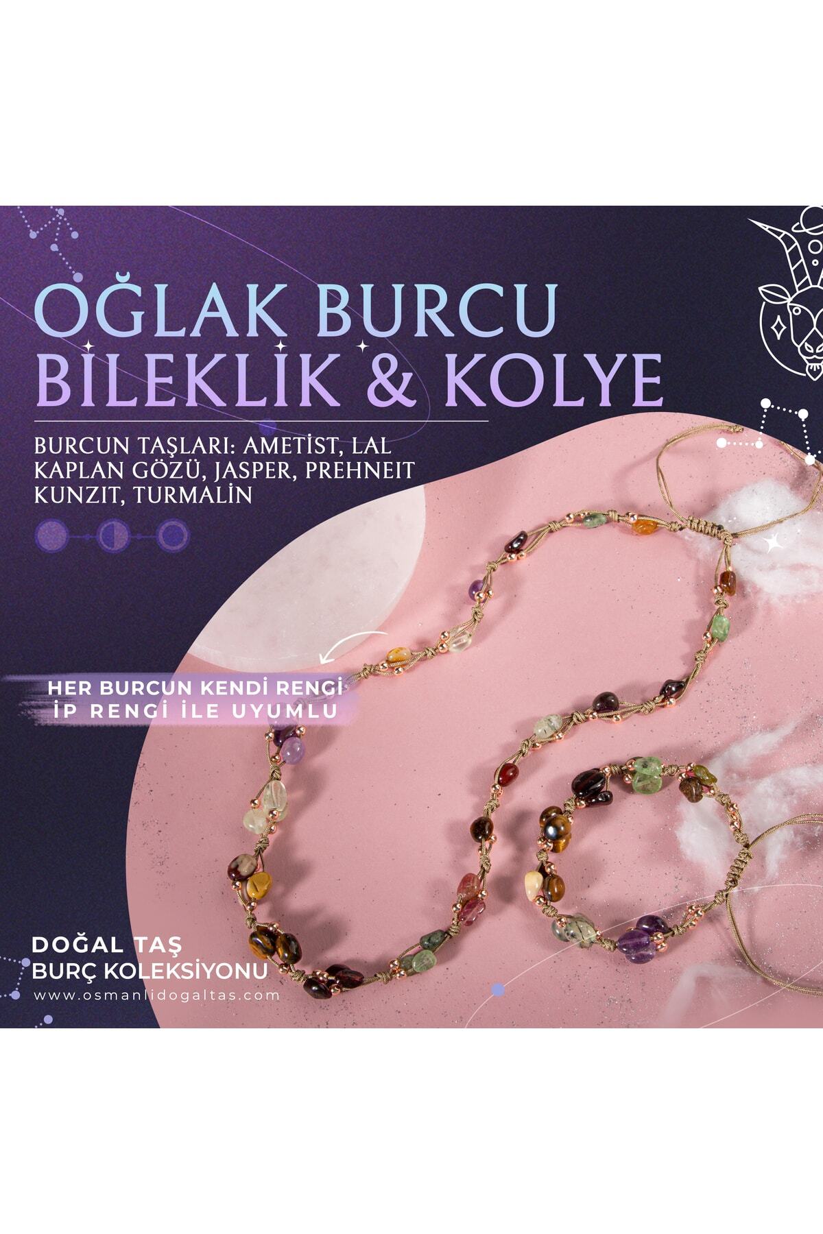 Oğlak Burcu Doğal Taş Natürel Makrome Kolye Bileklik Seti
