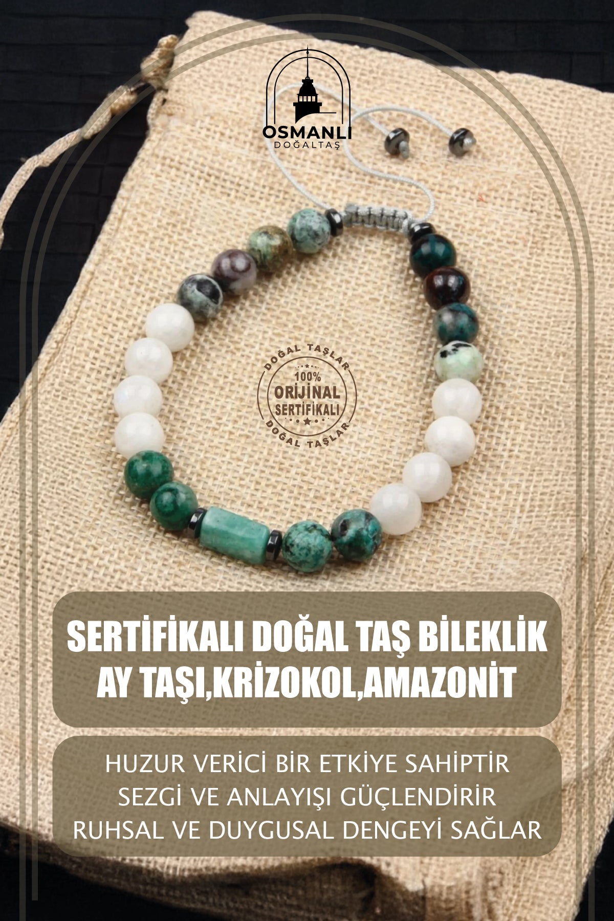Sertifikalı Doğal Taş Bileklik - Ay Taşı,krizokol,amazonit