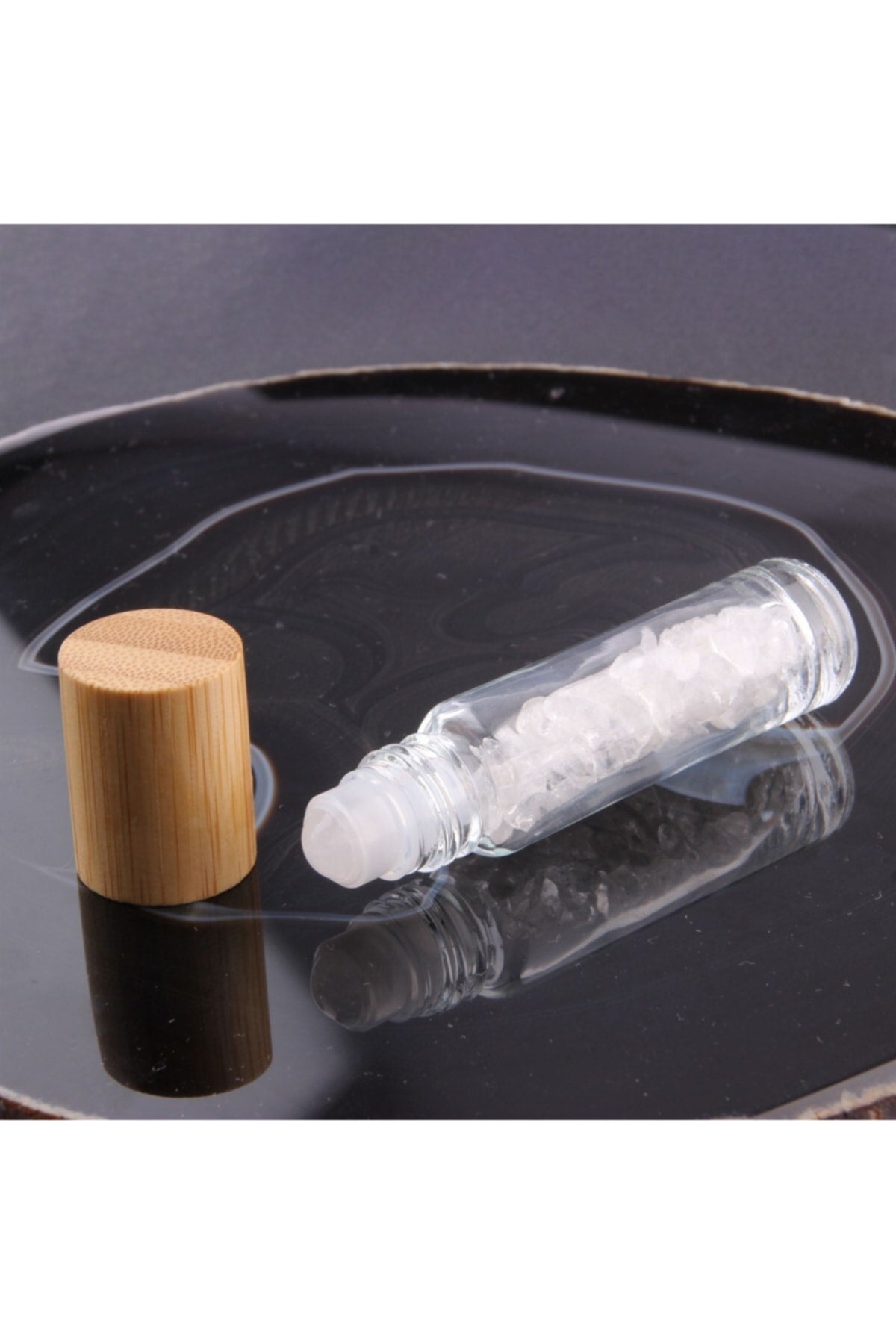 Sertifikalı Kristal Kuvars Doğal Taş Yüz Ve Cilt Esans Ve Yağ Şişesi - 10 Ml, 8 Cm Bambu Kapak