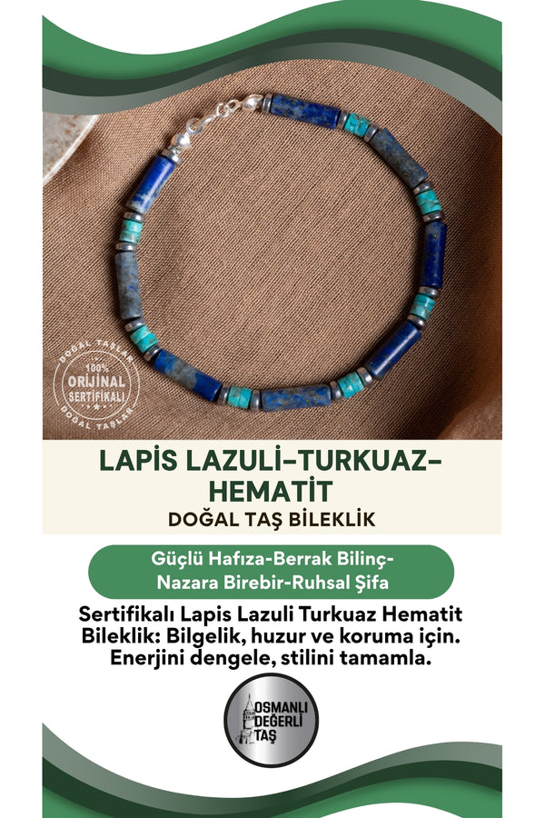 SERTİFİKALI Lapis Lazuli Turkuaz Hematit Doğal Taş Bileklik