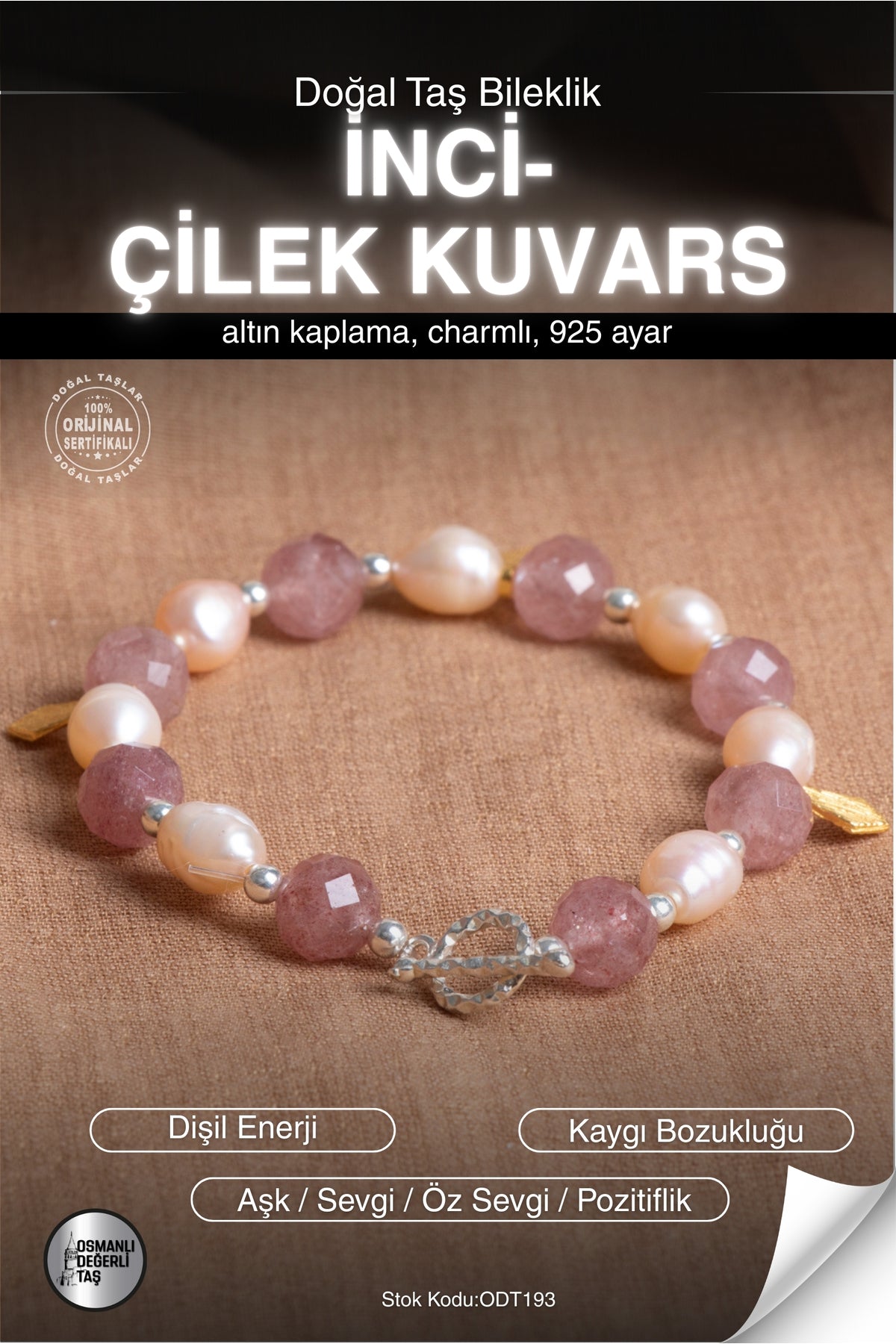 SERTİFİKALI İnci-Çilek Kuvars Doğal Taş Altın Kaplama Charmlı Bileklik ODT193