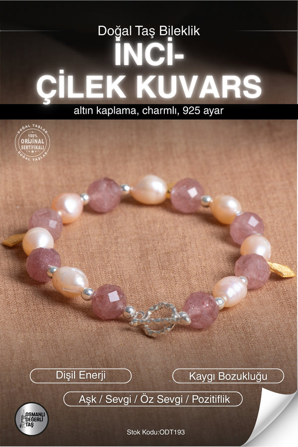 SERTİFİKALI İnci-Çilek Kuvars Doğal Taş Altın Kaplama Charmlı Bileklik ODT193