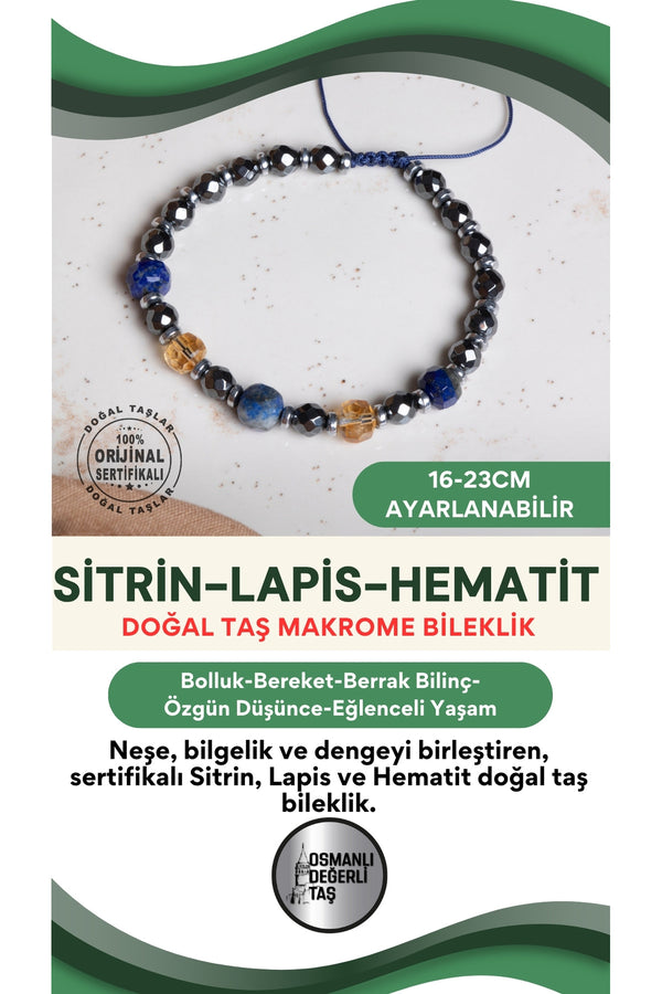 SERTİFİKALI Sitrin-Lapis-Hematit Doğal Taş Makrome Ayarlanabilir Zirkon Aparatlı Bileklik