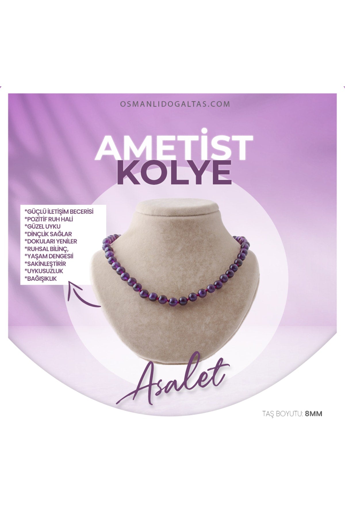 Sertifikalı Ametist Doğaltaş Kolye 8 Mm, M505