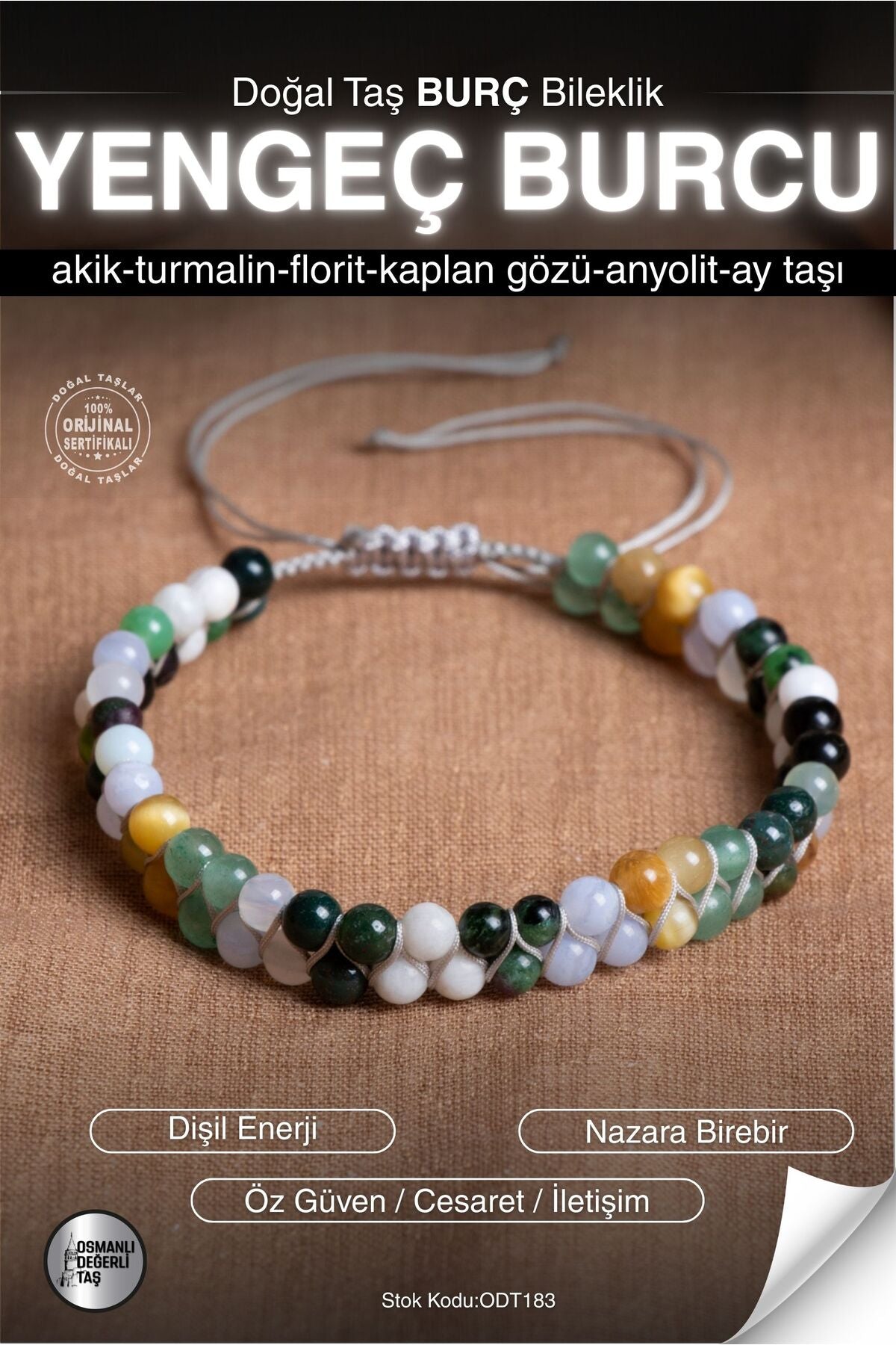 SERTİFİKALI Akik-Turmalin-Florit-Kaplan G.-Anyolit-Ay Taşı Yengeç Burcu Doğal Taş Bileklik ODT183