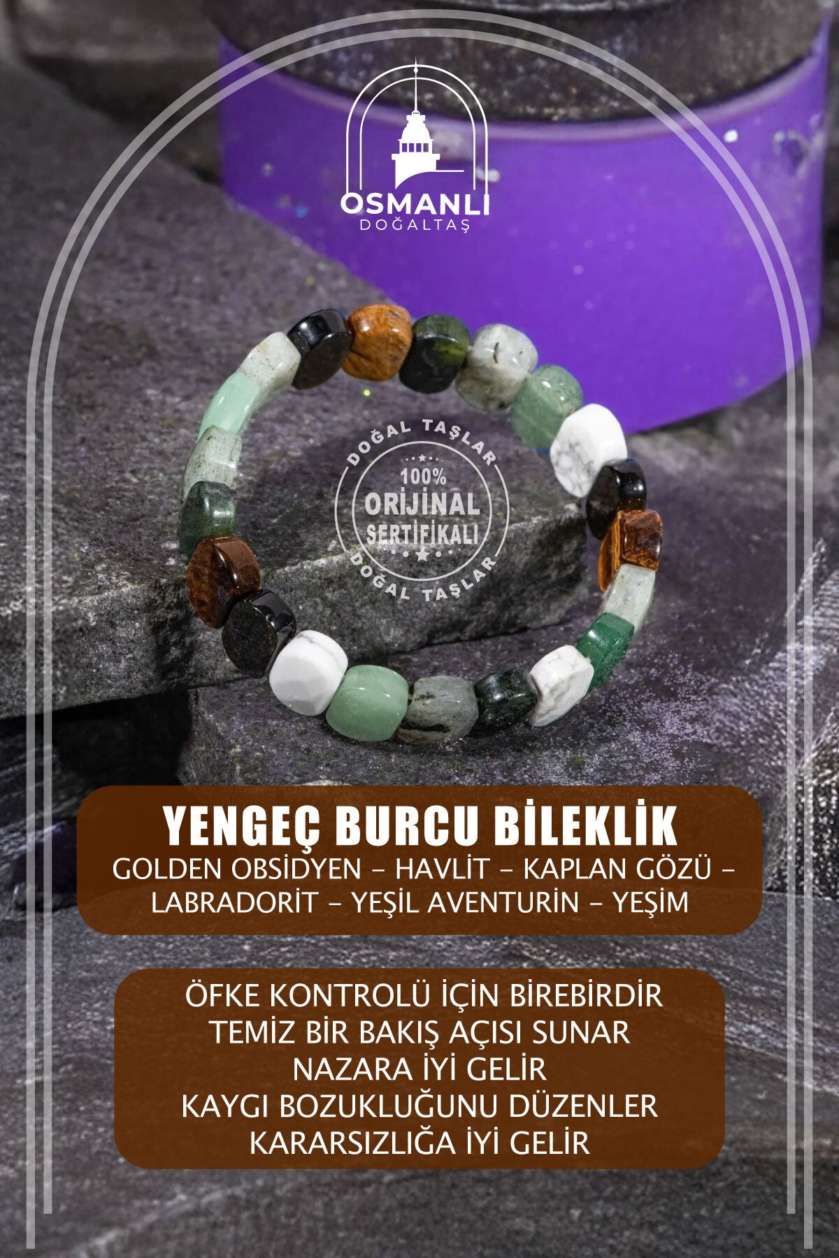 Yengeç Burcu Doğal Taş Geniş Kesim Bileklik