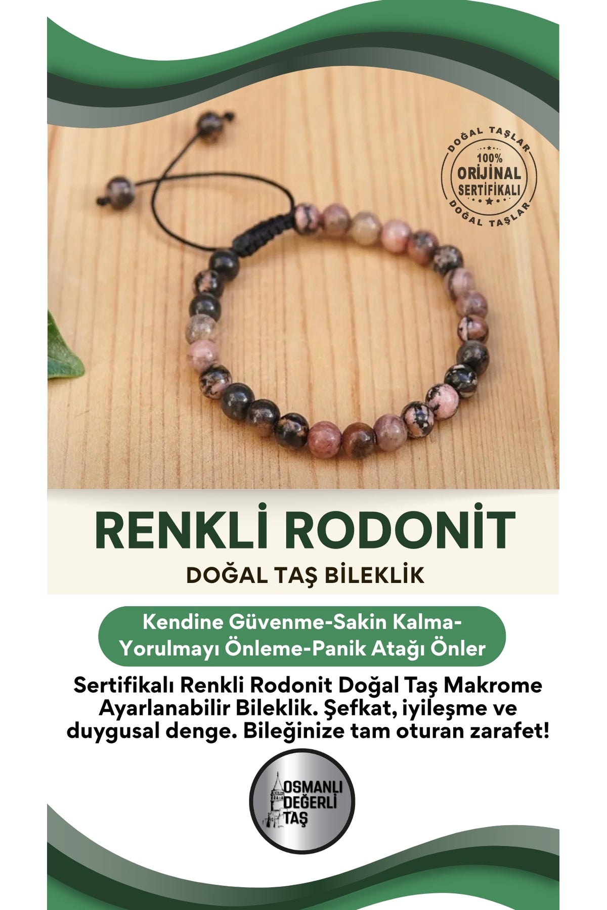 Sertifikalı Renkli Rodonit Doğal Taş Bileklik 20cm - 21cm - 6mm