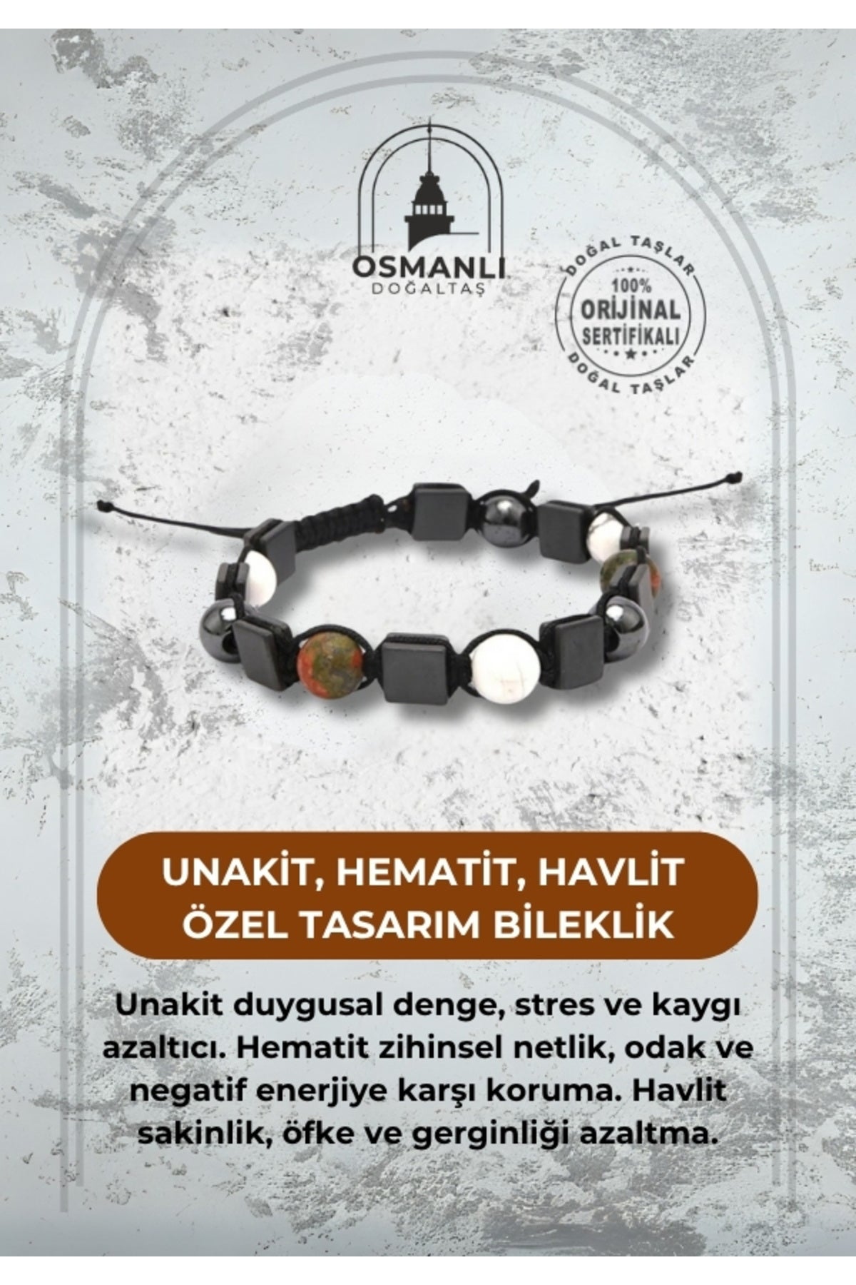 Sertifikalı Unakit - Hematit - Havlit Özel Tasarım Bileklik
