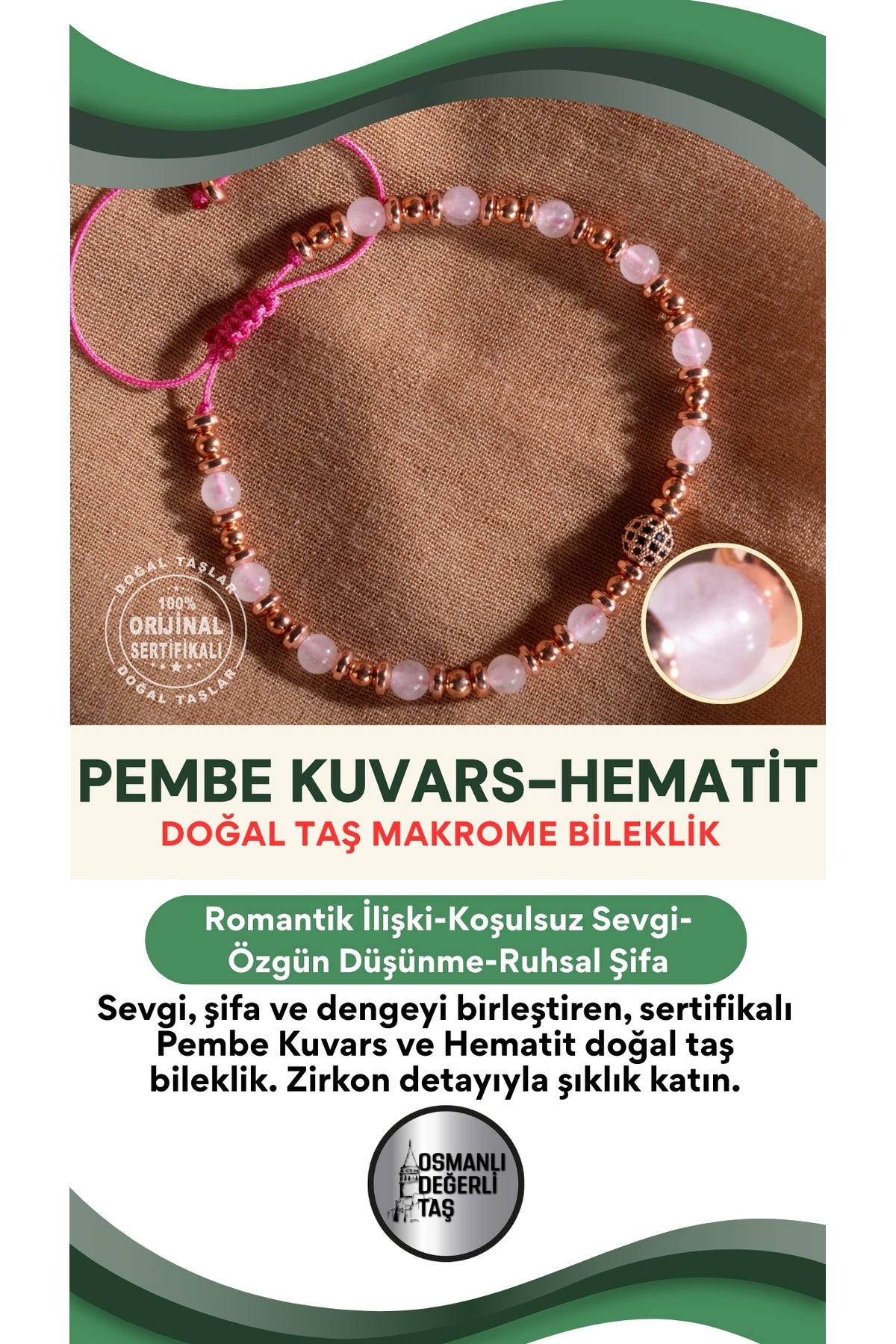SERTİFİKALI Pembe Kuvars-Hematit Doğal Taş Zirkon Aparat Makrome Ayarlanabilir Bileklik