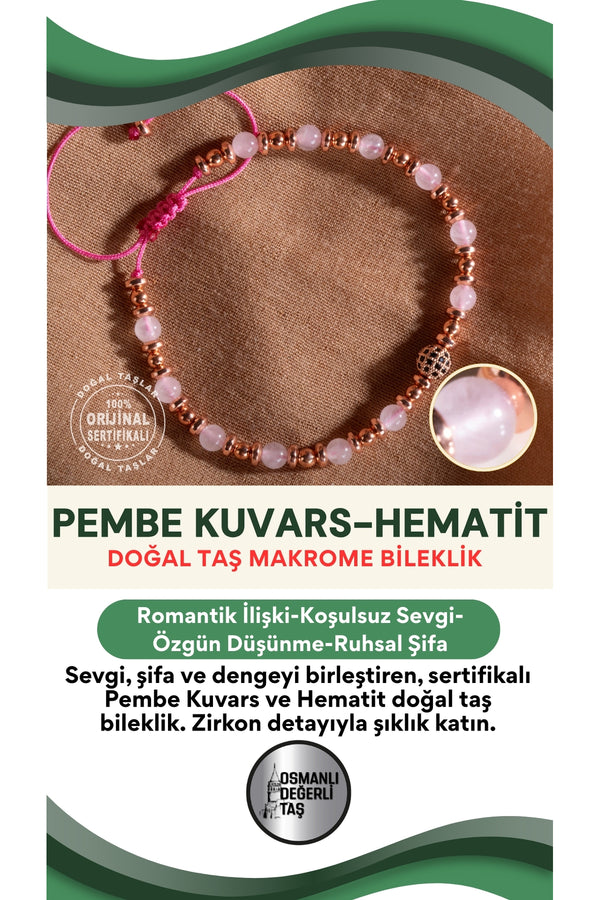 SERTİFİKALI Pembe Kuvars-Hematit Doğal Taş Zirkon Aparat Makrome Ayarlanabilir Bileklik