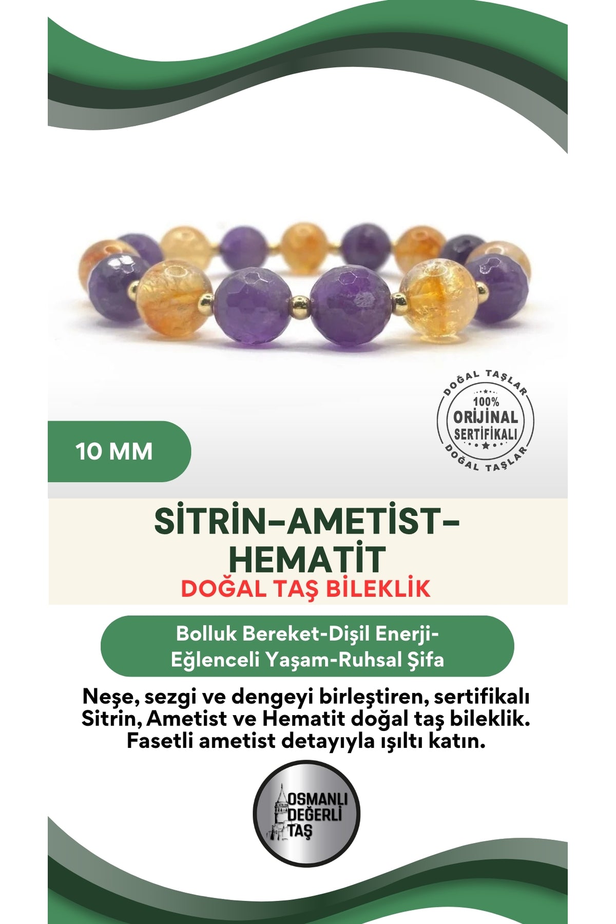 Sertifikalı Hakiki Orijinal 10mm Sitrin - Fasetli Ametist - Hematit Doğal Taş Misinalı Bileklik