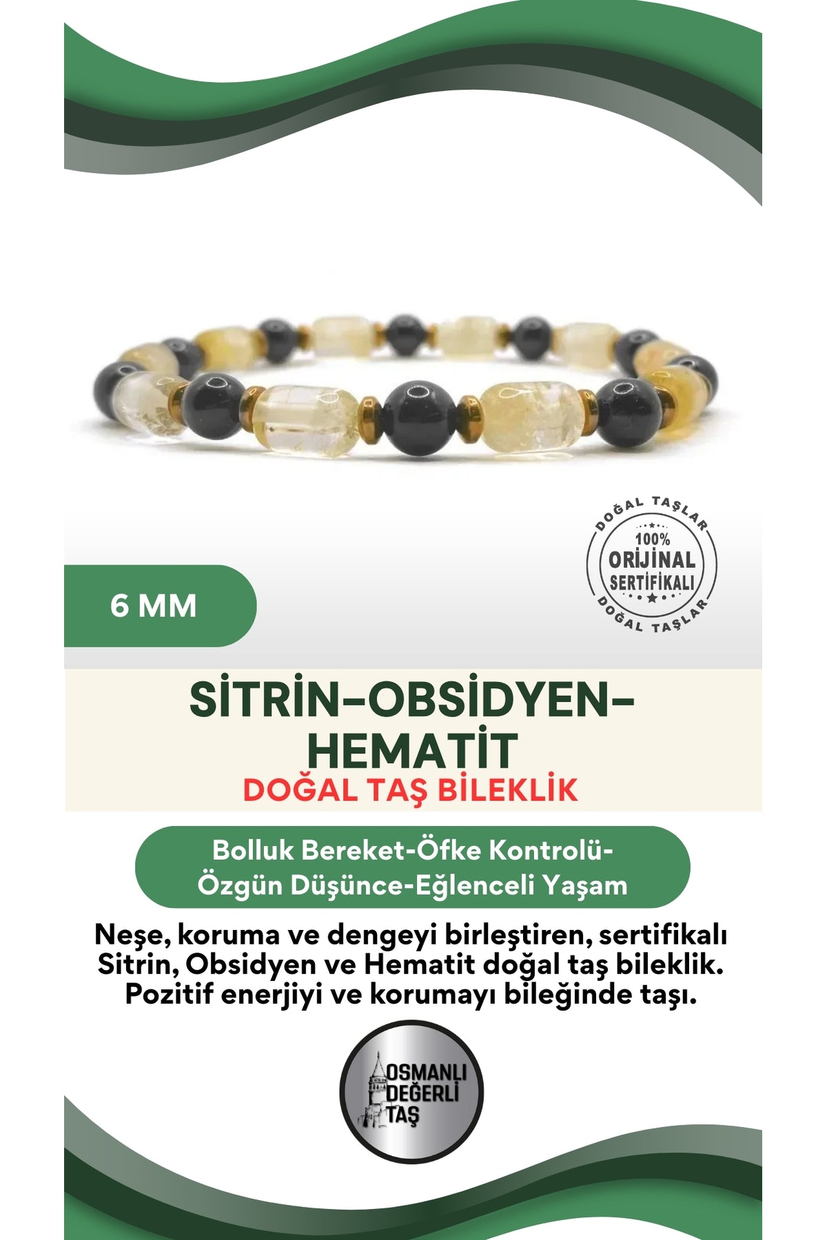 Sertifikalı Hakiki Orijinal Sitrin - 6mm Obsidyen - Hematit Doğal Taş Misinalı Bileklik