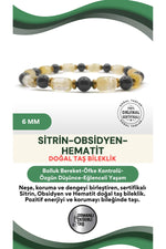 Sertifikalı Hakiki Orijinal Sitrin - 6mm Obsidyen - Hematit Doğal Taş Misinalı Bileklik