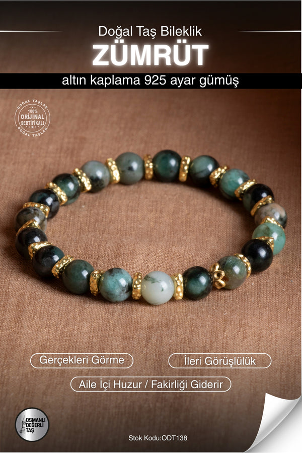 Sertifikalı ZÜMRÜT Doğal Taş Altın Kaplama Gümüş Bileklik ODT138