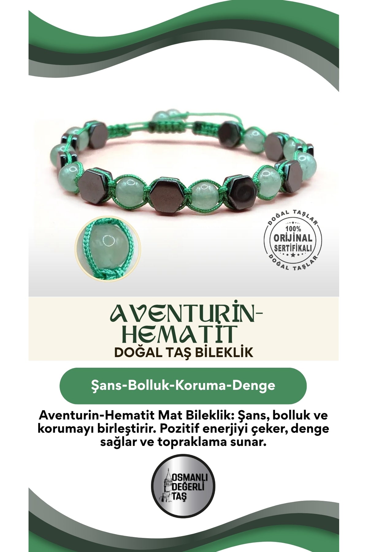 Aventurin-Hematit Mat Doğal Taş Bileklik Taş Üzeri İpli Model