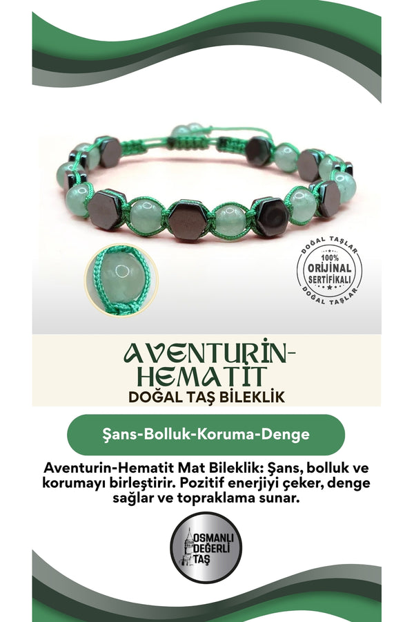 Aventurin-Hematit Mat Doğal Taş Bileklik Taş Üzeri İpli Model