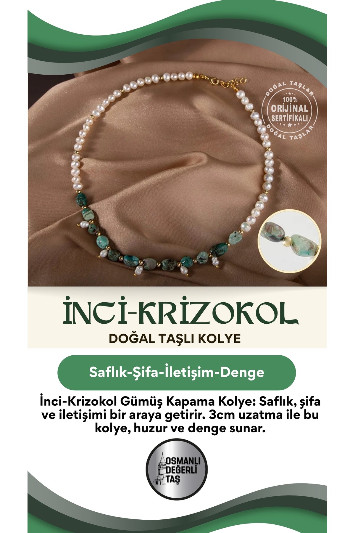 Inci-krizokol Doğal Taş Gümüş Kapama Kolye (3CM UZATMA İLE BİRLİKTE)