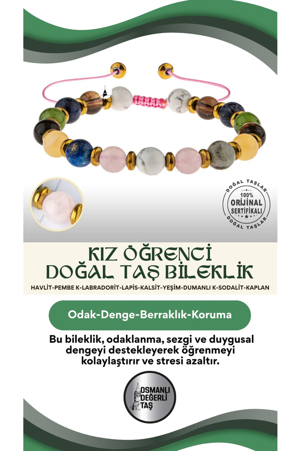 Kız Öğrenci Doğal Taş Bileklik-Havlit-Pembe K-Labradorit-Lapis-Kalsit-Yeşim-Dumanlı K-Sodalit-Kaplan