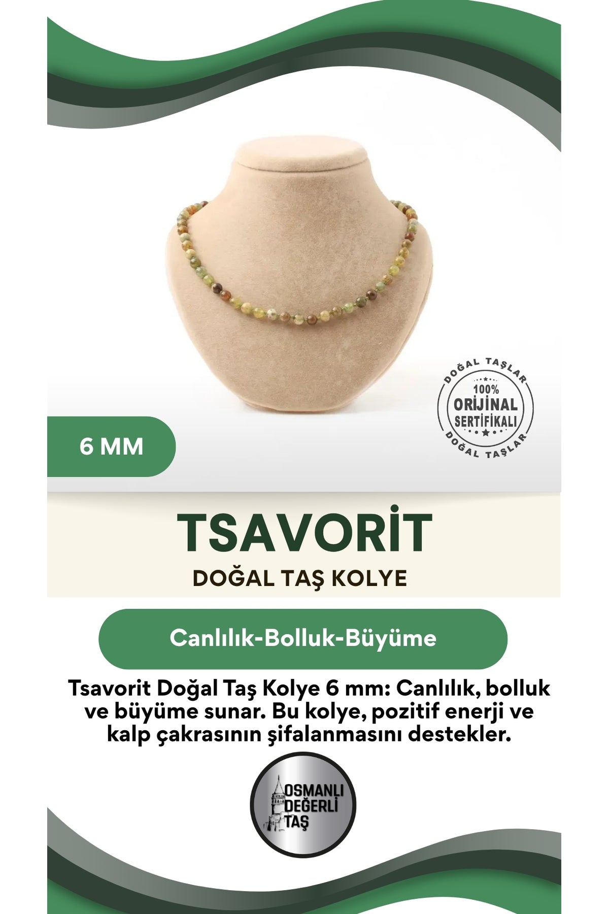 Sertifikalı Tsavorit Doğaltaş Kolye 6 Mm, M596