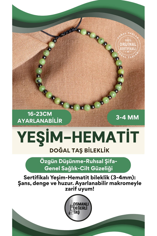 SERTİFİKALI Yeşim Hematit Doğal Taş Makrome Ayarlanabilir Bileklik 3-4mm