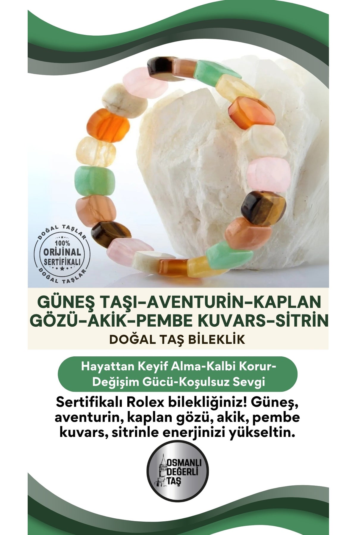 Sertifikalı Özel Tasarım Roleks Bileklik-güneş Taşı-aventurin-k.gözü-akik-p.kuvars-sitrin