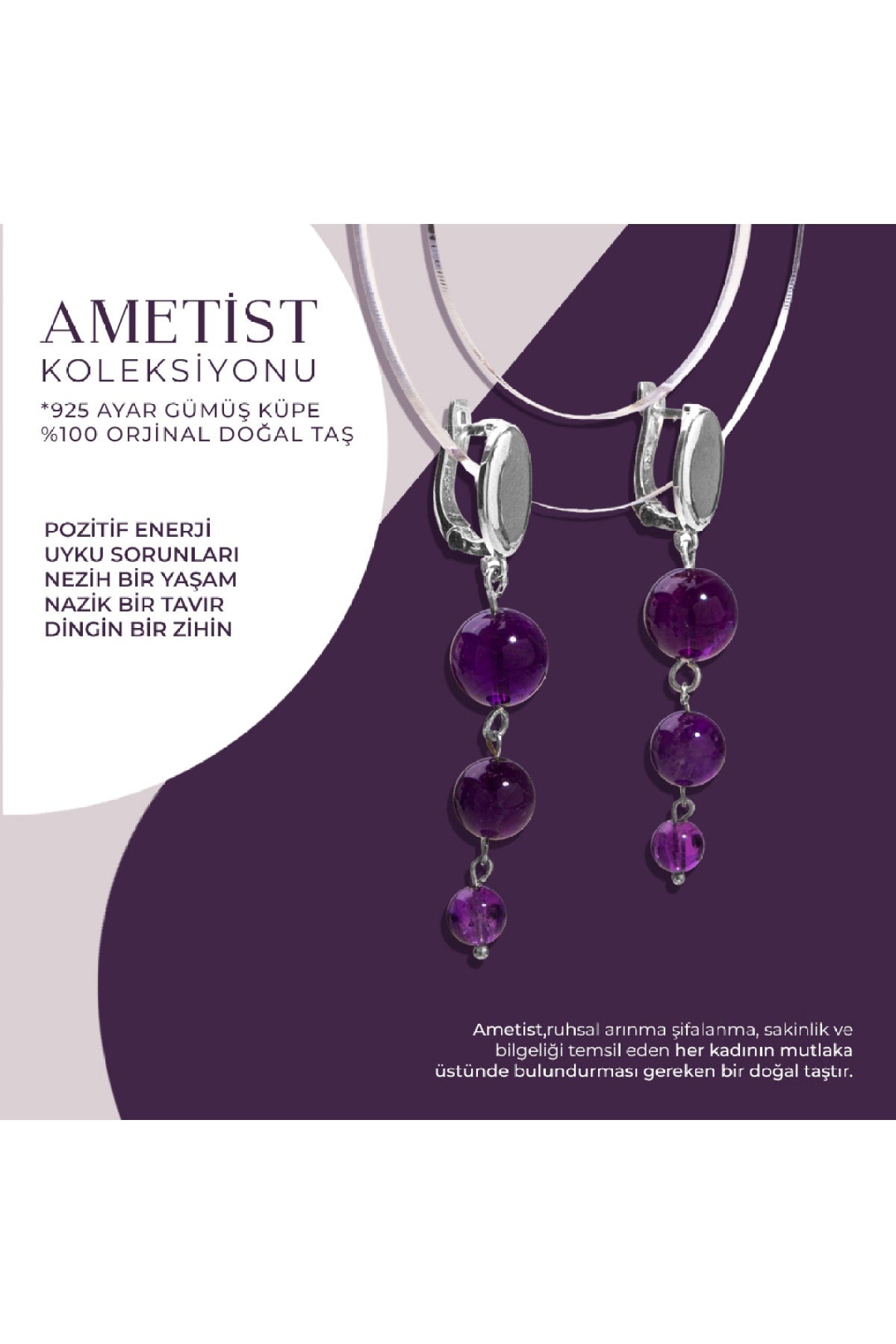 Sertifikalı Ametist Doğal Taşlı 3 Katlı Sallantılı Tasarım Gümüş Küpe