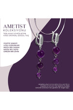 Sertifikalı Ametist Doğal Taşlı 3 Katlı Sallantılı Tasarım Gümüş Küpe