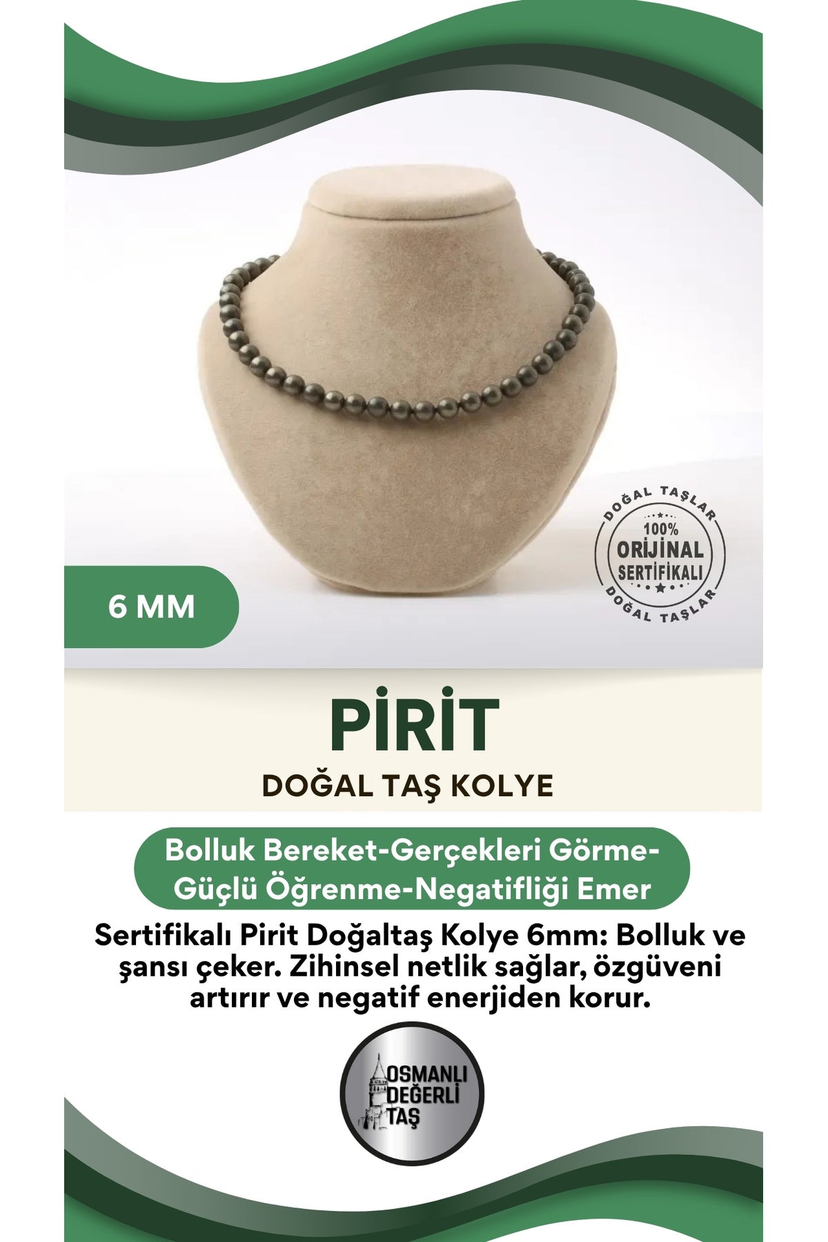Sertifikalı Pirit Doğaltaş Kolye 6 Mm, M587
