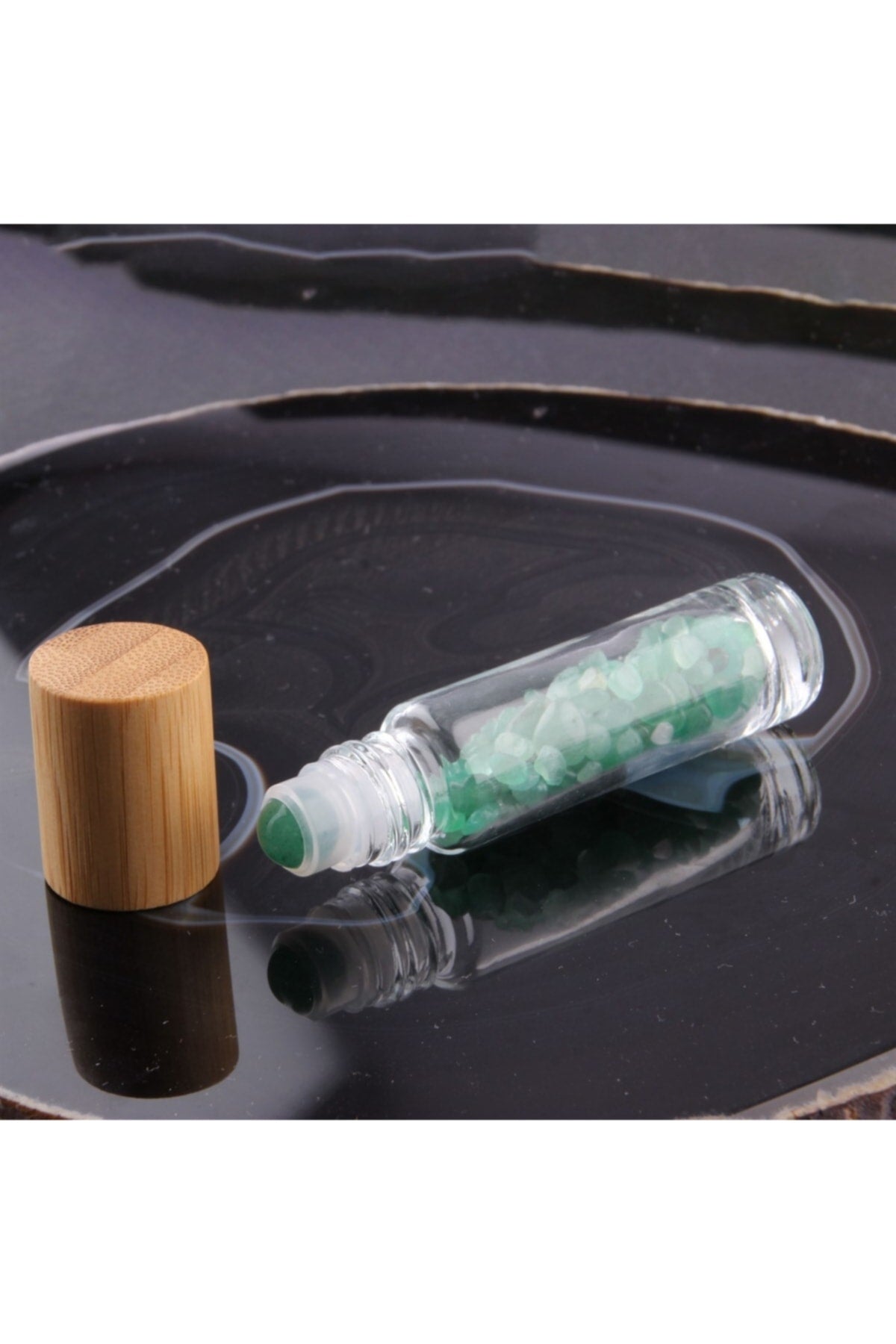 Sertifikalı Aventurin Taşı Doğal Taş Yüz Ve Cilt Esans Ve Yağ Şişesi - 10 Ml, 8 Cm Bambu Kapak