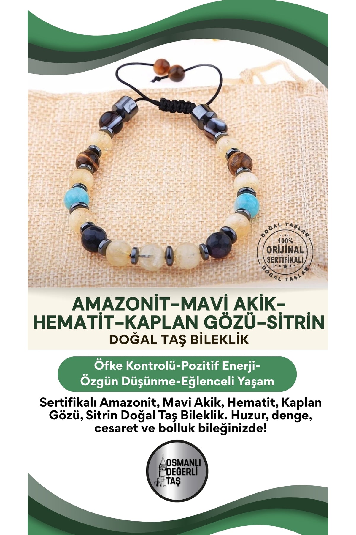 Sertifikalı Doğal Taş Bileklik-amazonit,mavi Akik,hematit,kaplan Gözü,sitrin B607