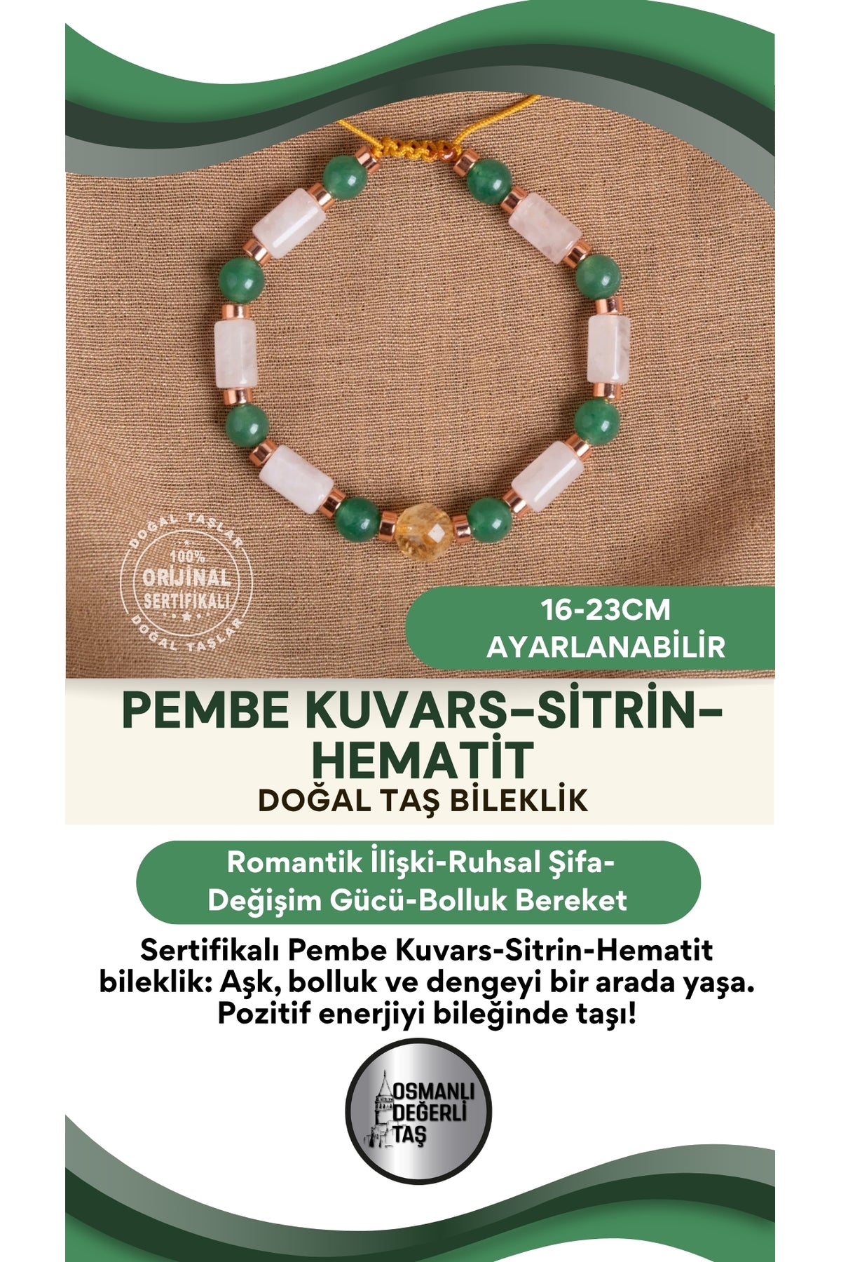 SERTİFİKALI Pembe kuvars- sitrin- hematit Doğal Taş Makrome Bileklik